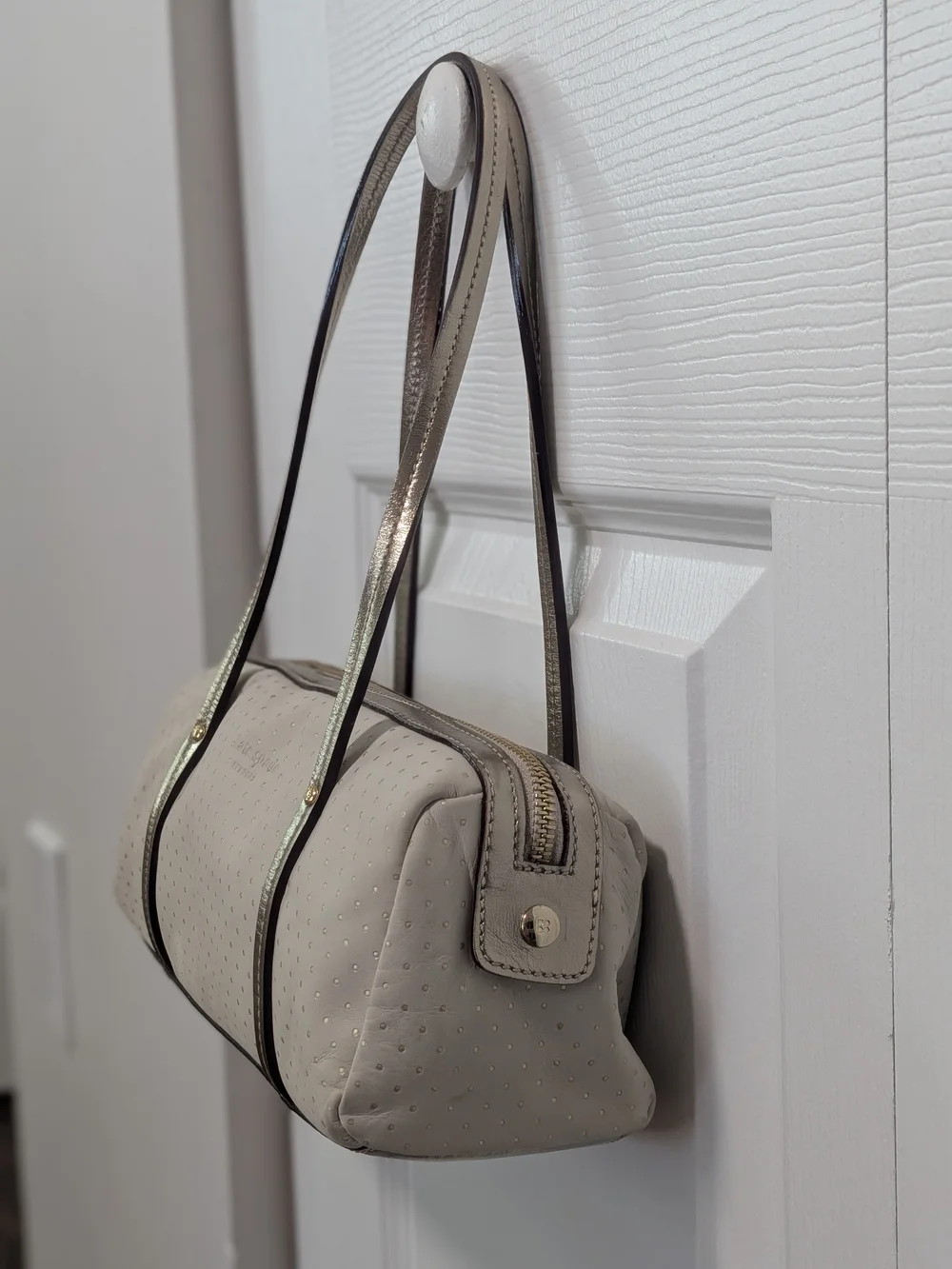 Vintage Y2K Kate Spade Metallic Gold & Cream Barrel Bag w/ Card - Mint Condition